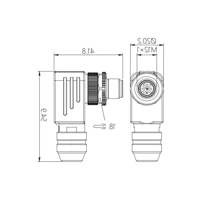 M12 4Pin、D-coded、90°公头、Screw connection、金属屏蔽、0CF101