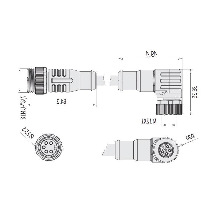 M12 5Pin female 90°L-coded turn 7/8"5Pin male straight A-coded, double-ended precast PUR flexible cable, black sheath, 64L885-XXX