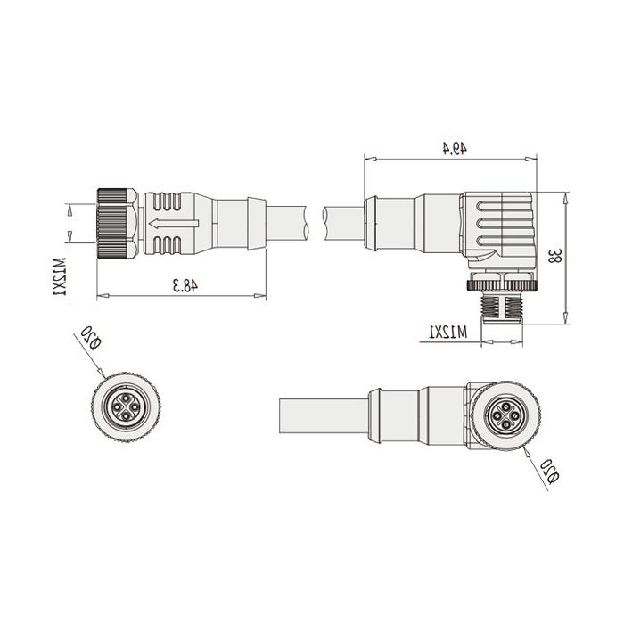 M12 4Pin S-coded, female straight turn male 90°, double end pre-cast PVC non-flexible cable, yellow sheath, 64SD23-XXX