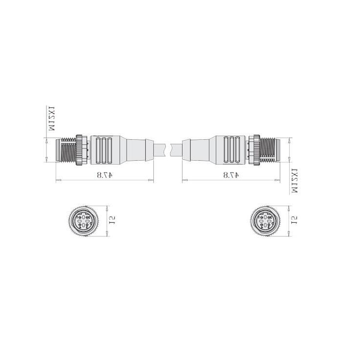 M12 4-PIN D-coded, male straight turn male straight, double-ended precast PUR flexible cable, shielded, black sheath, 64DD25-XXX